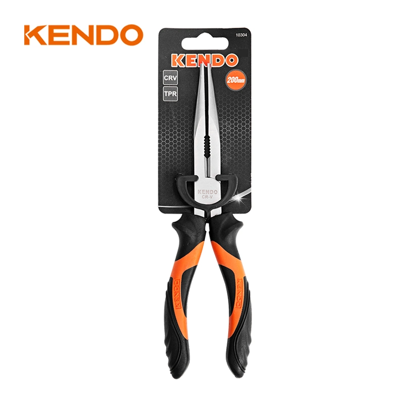 Kendo 8-Inch/200mm CRV Pearl Nickle Plated TPR Handle Long Needle Nose Plier