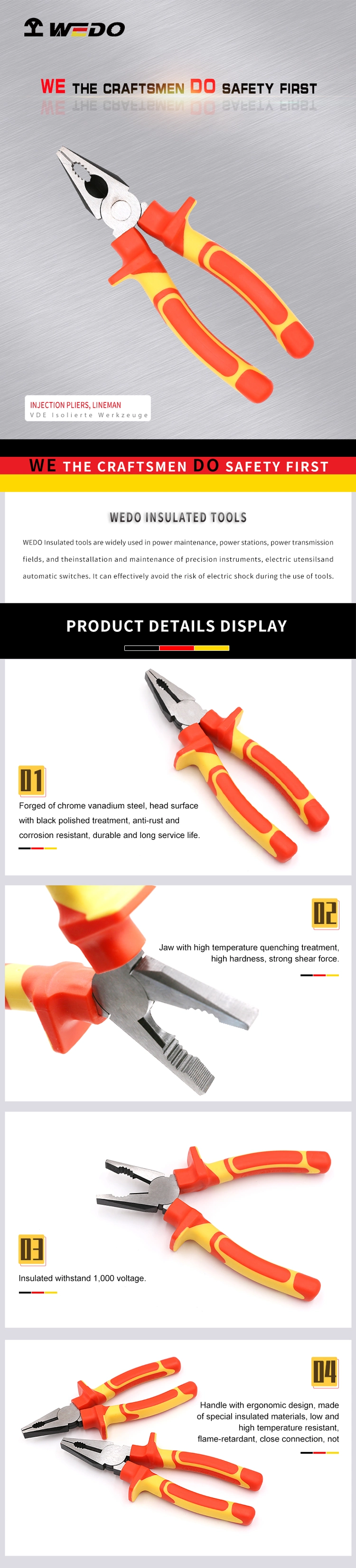 Wedo VDE Cert Insulated Cr-V Injection Lineman Pliers